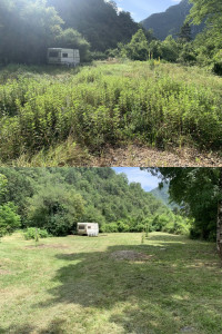 Photo de galerie - Avant et après l'exécution du traitement mécanique (débroussaillage et tonte) sur une superficie totale de 4200 m² dans l’arrière-pays Niçois.