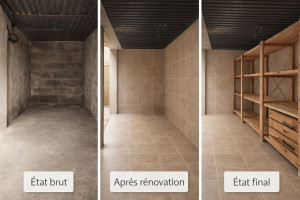 Photo de galerie - Rénovation d'un cellier: carrelage sols et murs, fabrication et pose d'étagères en bois sur mesure, et mise en place des circuits électrique pour un usage sûr et confortable