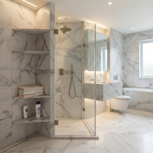 Photo de galerie - Rénovation complète de salle de bain : pose de carrelage effet marbre haut de gamme, création sur mesure d'étagères d'angle optimisées, installation d'une douche à l'italienne moderne et mise en place d'équipements sanitaires élégants avec le souci du moi