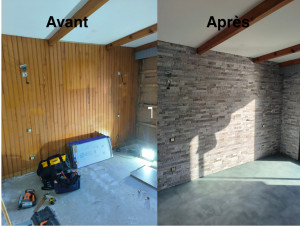 Photo de galerie - Démontage du lambris existant
Déplacement d'une prise de courant
Pose d'un nouveau lambris imitaion pierre
Pose d'un sol PVC