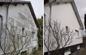 Photo de galerie - Rénovation d’un pignon avec décollage de l’ancien enduit.Nettoyage approfondi ,puis remise en peinture hydrofugé. Nous avons également refait les soubassements de couleur gris anthracite. Afin de garder le même thème que la toiture.(couleur gris ardoise).