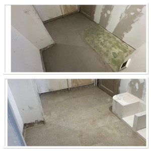 Photo de galerie - Pose d’un carrelage grés cérame imitation travertin dans une entrée