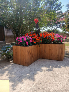 Photo de galerie - Réalisation de cette jardinière en bois, avec lasure Acajou satin. Avec comme plantation des impatiences de Nouvelle Guinée et un canna. 