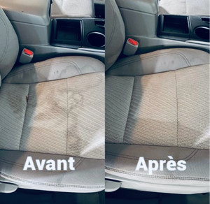 Photo de galerie - Avant/après lavage siège auto : élimination des saletés, taches et mauvaises odeurs pour un intérieur propre et sain.