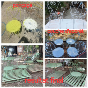 Photo de galerie - Réalisation d'une rénovation d'un salon de jardin composer d'une table deux chaises et deux fauteuils,  en fer forgé. 
La réalisation comprend le ponçage , la première couche d'apprêt et la peinture final.
Nous contactés pour le même type de travaille. 