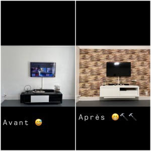 Photo de galerie - Pose de tapisserie avec relooking de meuble et fixation murale de celui-ci 