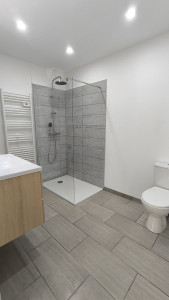 Photo de galerie - Création salle d'eau avec douche a l'italienne, pose d'un toilette, d'un meuble vasque, carrelage et faïence 