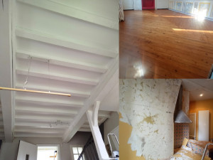Photo de galerie - Pose de toile de lin (ici sur les entraves des poutres), ponçage et vitrification d'un parquet massif ancien, renovation d'un mur (grattage, ratissage et peinture), etc...