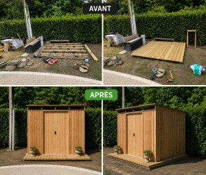 Photo de galerie - Création d'une terrasse et montage d'un cabanon en tôle effet bois.