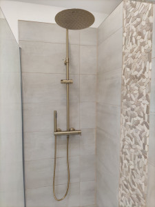 Photo de galerie - Colonne de douche doré avec paroi de douche fix et receveur extra plat blanc. 