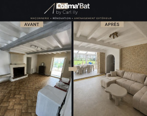 Photo de galerie - Avant/Après, rénovation complète pièce de vie. Création d'ouverture dans un mur en pierre, arche en placo, embellissement pierre, carrelage, pose de led et peinture.
