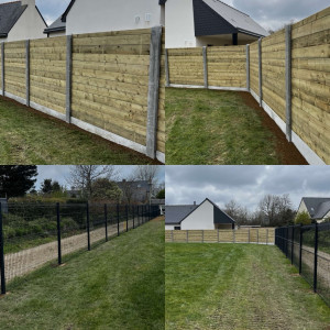 Photo de galerie - Réalisation d’une clôture rigide en bois et béton et une clôture rigide gris anthracite. 