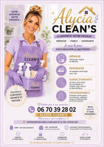 Photo de galerie -  Alycia Clean’s  Entreprise de nettoyage à domicile et professionnel.  Ménage, nettoyage en profondeur, vitres, repassage et entretien régulier ou ponctuel.  Oise & Val-d’Oise  Un service soigné, sérieux et adapté à vos besoins.