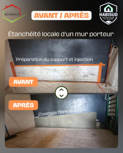 Photo de galerie - Étanchéité structurelle d’un mur porteur
? Dépose et préparation du support
? Injection hydrofuge anti-capillarité
? Application d’un cuvelage fibré étanche (mur et jonction sol)
? Objectif : stopper les infiltrations et assainir durablement l’habitat