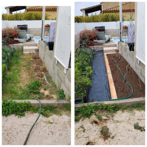 Photo de galerie - Petit avant après pour un carré potager en bois naturel de Douglas et terre végétale.