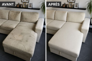 Photo de galerie - Avant : un canapé marqué par la vie quotidienne. Après : un canapé qui retrouve toute sa fraîcheur.
DOMOFA élimine les salissures incrustées, les odeurs et une grande partie des allergènes pour redonner à votre canapé un aspect propre, sain et accueillant