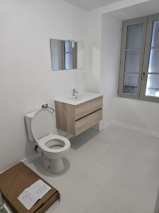 Photo de galerie - Rénovation de salle de bain : création d'un espace clair et fonctionnel. Plomberie, pose du meuble vasque et installation du WC. Un travail propre et sur-mesure pour répondre à vos besoins. 