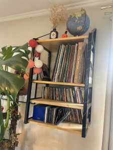 Photo de galerie - Petite étagère pour les vyniles et CDs- réalisation moderne en bois et métal.