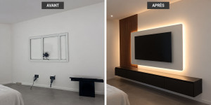 Photo de galerie - Création d'eclairage led pour télé suspendu ainsi que prises et HDMI dans meuble
