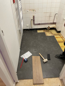 Photo de galerie - Pose de lame LVT dans salle de bain avec finition quart de rond et joint