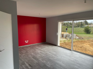 Photo de galerie - Peinture maison neuve : mur rouge vif et autres gris souris 