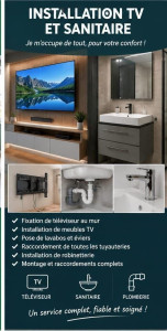 Photo de galerie - Fixation de téléviseur au mur
installation de meubles TV
Pose de lavabos et éviers 
Raccordement de toutes les tuyauteries 
