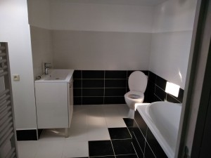 Photo de galerie - Réalisation salle de bain dans grenier (placo, électricité, arrivée eau évacuation, carrelage, chape, faience...) 