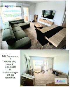 Photo de galerie - Télé et le meuble de télé étaient fixés au mur et canapé, table à manger et table basse ont été assemblés. 