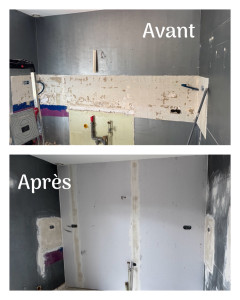 Photo de galerie - Reprise mur de cuisine en placo et bandes, grattage et enduit sur ancienne crédence.