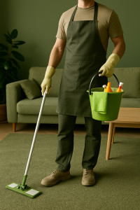 Photo de galerie - Un professionnel du ménage souriant et ponctuel, vêtu d’une tenue propre et soignée, tenant un balai ou un seau de nettoyage, dans un intérieur lumineux et bien rangé.