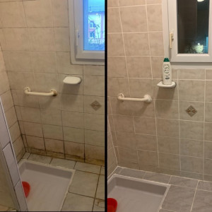 Photo de galerie - Humidité dans une salle de bain = Nettoyage des joints + carrelage / Application de joints carrelage blanc + joint silicone dans l’es angles + bac à douche = client satisfait 
