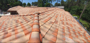 Photo de galerie - Nettoyage toiture avant traitement anti-algues et hydrofuge 