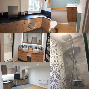 Photo de galerie - Pose cuisine, sol et mur parquet flottant et carrelage,  aménagement SDB