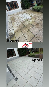 Photo de galerie - Traitement de dalle par produit dégraissant et anti dépôt vert, puis nettoyage au Karcher