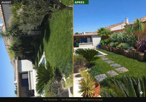 Photo de galerie - Jardinière en traverse de chene et végétalisation. nous avons aussi mis quelques pas en pierre brut au sol. 