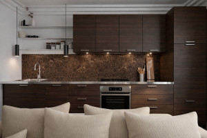 Photo de galerie - Rénovation d'un appartement Parisien. 
Création d'une cuisine et accompagnement sur le choix des matériaux. 