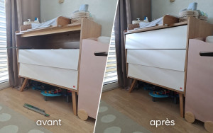 Photo de galerie - Réparation d’une commode dont un tiroir ne tenait plus et ne coulissait plus correctement. Intervention soignée avec ajustement, remise en place et contrôle du coulissement.