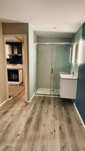 Photo de galerie - Pose bac de douche, paroi, vasque, modification de plomberie et faïence