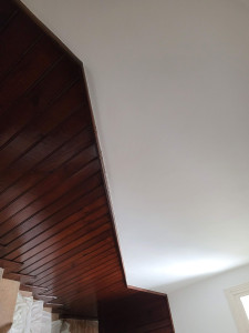 Photo de galerie - Rénovation d'une cage d'escalier, lissage des murs puis application d'une peinture blanche ainsi que ponçage et lasure du soubassement