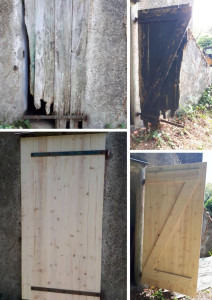 Photo de galerie - Fabrication et remplacement d'un volet à usage de porte. Réutilisation des pentures d'origine. 