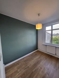 Photo de galerie - Rénovation complète avec préparation des supports, deux couches d’enduit, ponçage soigné, deux couches de peinture blanche et création d’un panneau vert. Finition classe A pour un rendu haut de gamme, lisse et impeccable.