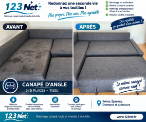 Photo de galerie - Nettoyage professionnel d’un canapé d’angle – résultat avant/après.