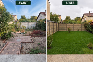 Photo de galerie - Transformation d'un jardin avec apport de terre végétale, pose de gazon en rouleaux et plantations 