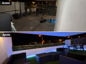 Photo de galerie - Peinture complète , montage de la terrasse , led électrique fixer au mur , pose du synthétique , pose de la haie végétale .