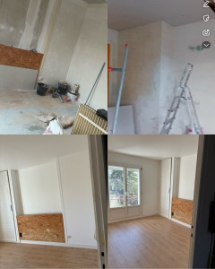 Photo de galerie - Rénovation de cette chambre : plafond redescendu, moquette retirer et pose de parquet stratifié , detapissage rebouchage des trou ponçage et peinture des murs pose de plinthes 