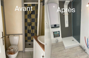 Photo de galerie - Rénovation salle de bain, revêtement parquet, pose de plaque de plâtre, installation de meubles et douche