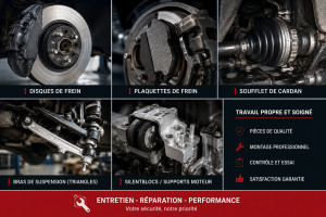 Photo de galerie - ✅ Remplacement des disques de frein ✅ Remplacement des plaquettes de frein ✅ Remplacement du soufflet de cardan ✅ Remplacement des triangles de suspension ✅ Remplacement des supports moteur (silentblocs moteur)