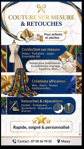 Photo de galerie - Je propose des services de couture et retouches pour adultes et enfants.
Je fais de la couture sur mesure.
Je vends des accessoires de couture 
Je vends également des tissus style africain.
Je fais des ourlets de pantalons et jeans à 5€.
