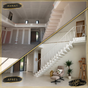 Photo de galerie - Travaux de peinture sur construction neuve : mise en peinture des murs, plafonds et escalier pour une finition propre et soignée