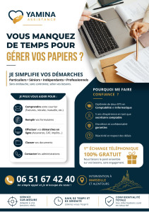Photo de galerie - Flyer présentant mon service d'aide aux démarches administratives (courriers, formulaires, démarches en ligne) pour particuliers, seniors, indépendants et professionnels